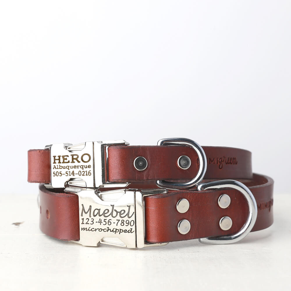 Personalized Brown Leather Dog Collar Engraved SideRelease Buckle