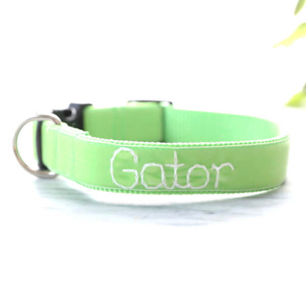 Bright Green Velvet Embroidered Dog Collar - 'Gator'