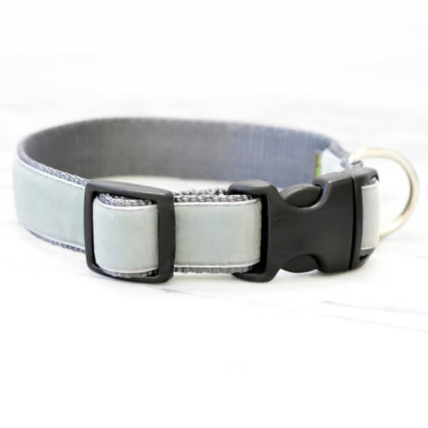 Light Fog Grey Velvet Embroidered Dog Collar - 'Rueben'