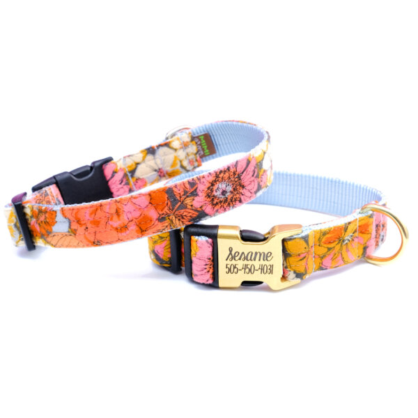 'Autumn' Floral Flannel Dog Collar with Engraved Buckle