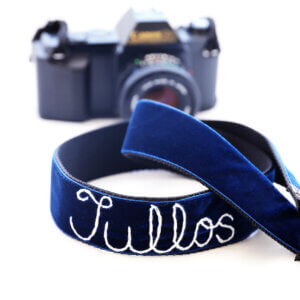 embroidered personalized blue velvet camera strap